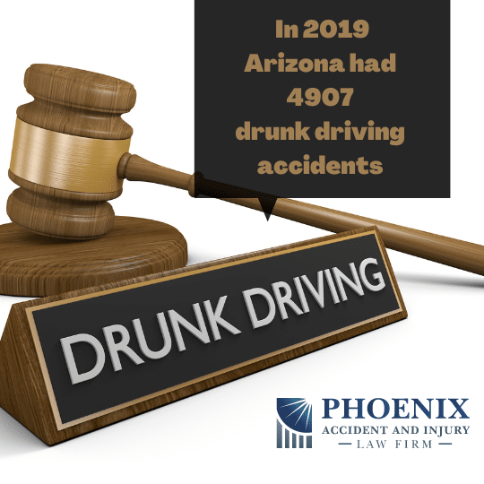 Phoenix DUI car accident victim attorney - gavel, placard and statistic - 2019 Arizona had 4907 drunk driving accidents